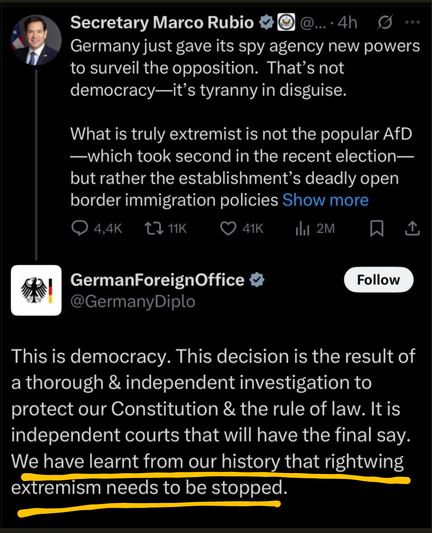 Marco Rubio tweeted, dass es Tyrannei sei, die AFD als rechtsextrem Einzustufen, das Außenministerium antwortet, dass es die unabhängige Gerichtsbarkeit wäre und schließt mit "We have learned from our history that eight wing extremism must be stopped"