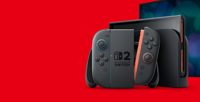A imagem mostra o console Nintendo Switch 2. Ele é apresentado em um fundo vermelho vibrante, que contrasta fortemente com a cor preta predominante do console. O Switch 2 parece ser um dispositivo mais robusto e sofisticado que seu antecessor. A imagem mostra o console em modo portátil, com os Joy-Cons acoplados. Os Joy-Cons são pretos com detalhes em laranja coral, e apresentam os botões tradicionais da Nintendo. A tela do console não é visível com detalhes, mas é possível perceber que é uma tela grande e de alta resolução. Ao lado do console portátil, há uma imagem desfocada de um dock, sugerindo a capacidade de conectar o console a uma televisão para jogar em modo de tela grande. A imagem como um todo é limpa e moderna, focando na apresentação do novo console.