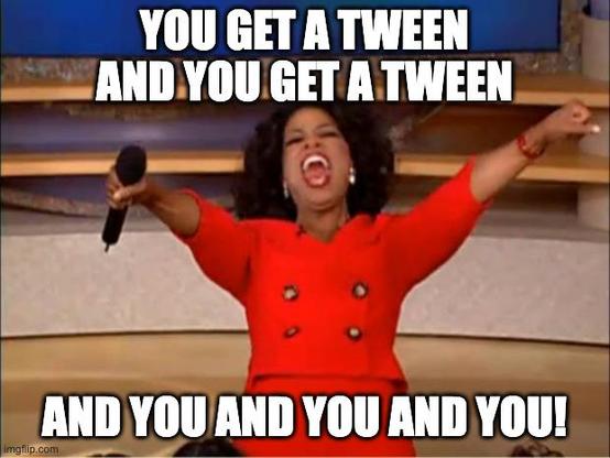 oprah meme, you get a tween and you get a tween