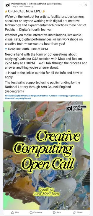 On the lookout for artists, facilitators, performers and speakers... for Peckham Digital's Creative Computing Open Call.
Q&A 22nd May. Deadline 30th June.