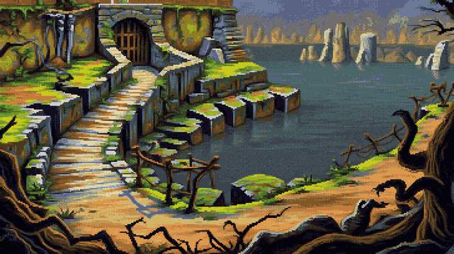 Pixel art of a stone pathway, a spine of grey and umber, unfurls toward a gate like a swallowed secret, framed within a wall draped in the emerald breath of moss, its stones ancient teeth gnawing at the sky. A dark water, a mirror of muted heavens, cradles a forest of silent pillars, their submerged forms hinting at a drowned history, while a fragile rope railing, a spider’s thread against the weight of stone, offers a precarious guide. Gnarled roots, the earth’s clutching fingers, tangle the left edge, a curtain of decay and burgeoning life, and fallen leaves, a carpet of forgotten seasons, soften the passage’s harsh geometry, all beneath a sky the color of pewter, where the light is a slow seep, a memory of sun.  