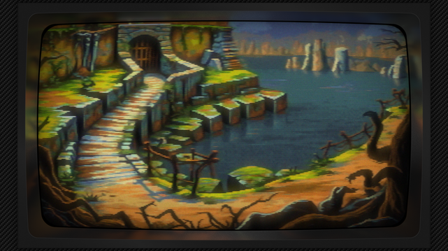 Pixel art of a stone pathway, a spine of grey and umber, unfurls toward a gate like a swallowed secret, framed within a wall draped in the emerald breath of moss, its stones ancient teeth gnawing at the sky. A dark water, a mirror of muted heavens, cradles a forest of silent pillars, their submerged forms hinting at a drowned history, while a fragile rope railing, a spider’s thread against the weight of stone, offers a precarious guide. Gnarled roots, the earth’s clutching fingers, tangle the left edge, a curtain of decay and burgeoning life, and fallen leaves, a carpet of forgotten seasons, soften the passage’s harsh geometry, all beneath a sky the color of pewter, where the light is a slow seep, a memory of sun. The image has a CRT filter applied.