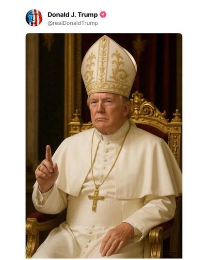 Der orangefarbene Diktator Trump postet ein Bild von sich selbst als Papst