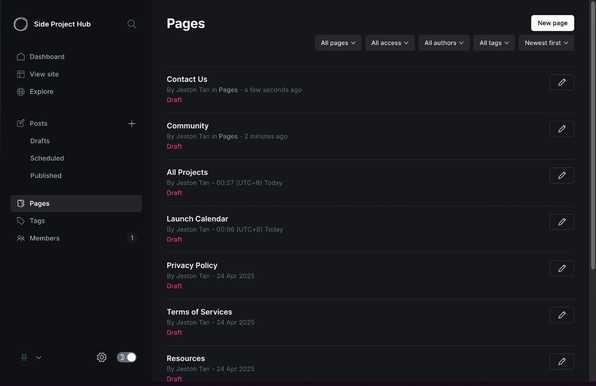 A screenshot of my Ghost CMS, in the page section. 