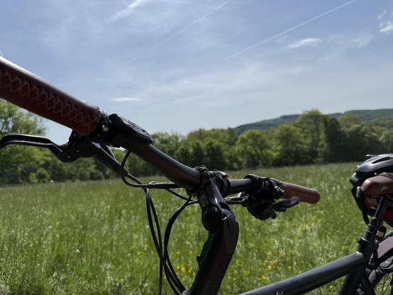 A close-up view of bicycle handlebars with brown grips, set against a backdrop of a green field and a blue sky. A helmet is visible on the bike's seat, and trees can be seen in the distance.