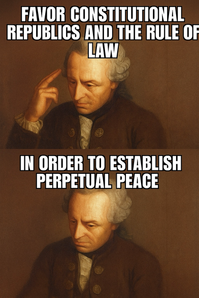 A meme about Imannuel Kant pointing out that his theory of perpetual peace often does not come true. 