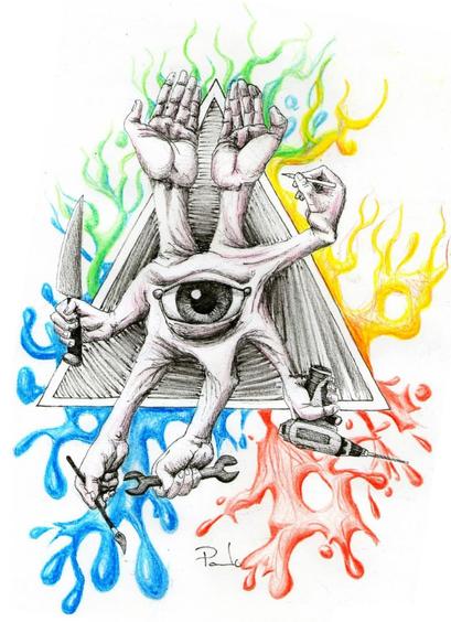 Pen and colour pencils