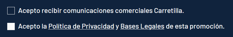 Screenshot of a web form in Spanish. There are two check boxes, to accept receiving publicity and to accept terms and conditions. They look different, but the design makes it impossible to tell which one is checked.