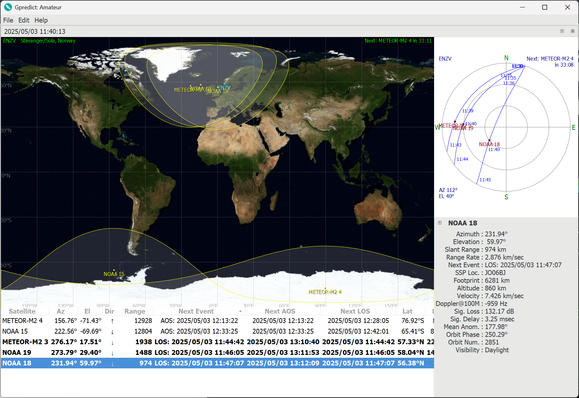 Screenshot from GPredict showing weather sats in close proximity to eachother while overhead.