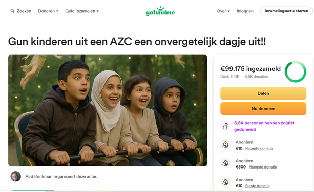 screenshot van de GoFunMe pagina, de inzamelingsactie om de jongeren uit een (of meerdere) AZC alsnog een onvergetelijk dagje uit te bezorgen, na de botte weigering van Faber om het beschikbare geld voor een jaarlijks uitje door het COA aan de Efteling te laten besteden. Binnen 24 uur is er 99.175,00 euro gestort. (streefbedrag was 10.000 euro) 