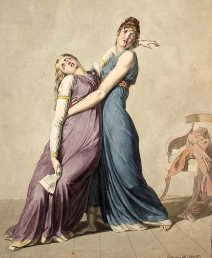 Ausschnitt des Gemäldes "Eine Frau stützt eine andere Frau, die beim Lesen eines Briefes in Ohnmacht gefallen ist" von Christoffer Wilhelm Eckersberg.