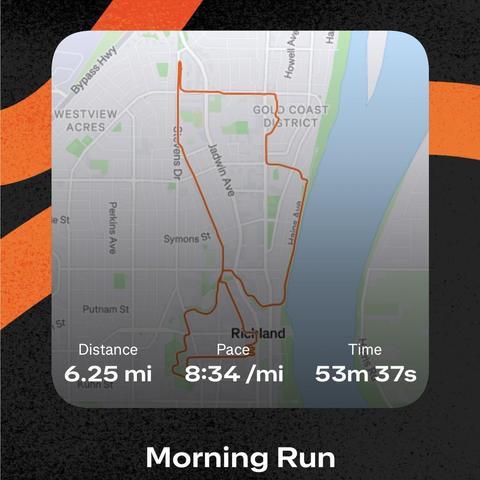 A map showing a 10k run in 53:37