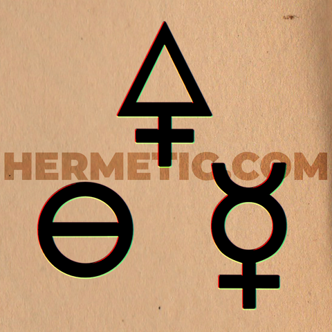 Square image, parchment background. Three Symbols, black, with slight prismatic edges. The three alchemical symbols for Salt, Sulphur and Mercury.