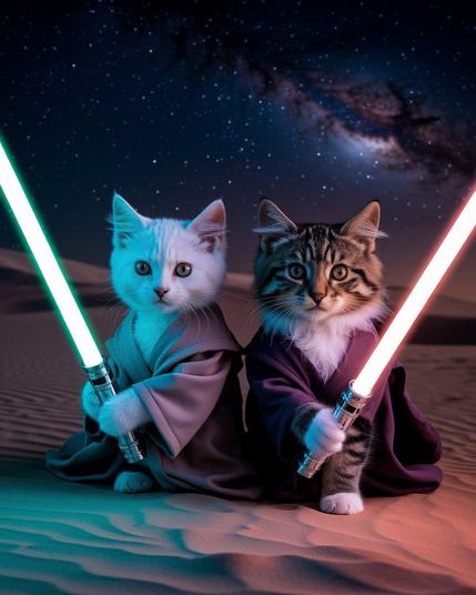 ①« Generated by ideogramai »
Cinematic photo (photo of two cute cats holding lightsabers), the two cats are cute and brave. One is a snow-white cat with piercing emerald green eyes. The other is a tabby cat with warm honey-colored eyes. The two cats are wearing majestic robes like Jedi, each holding a glittering lightsaber and staring at the camera. (Background: Moonless, pitch-black desert and galaxy)
#本日の成果物 #aiartcommunity 