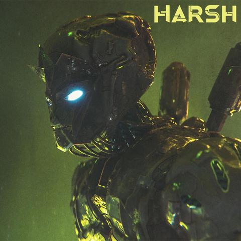 An aggressive looking robot in sickly, yellow-green fog.  "Harsh" is written in the top right corner.