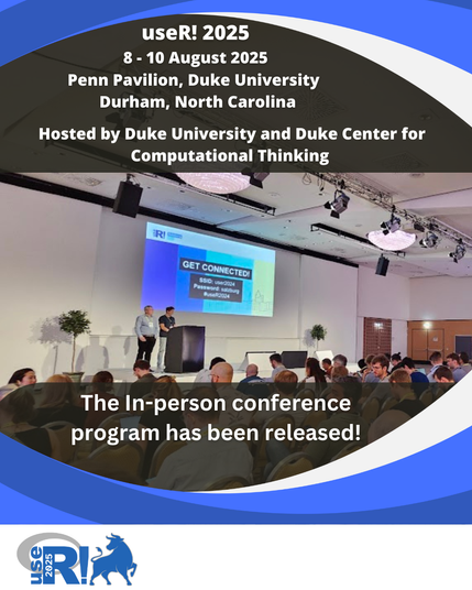 A room full of people looking at a presentation with two speakers. Contains text about the conference.
