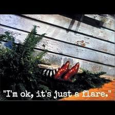 wicked witch with black and white stockers and red shoes under the fallen house in Wizard of Oz

"I'm okay, it's just a flare."