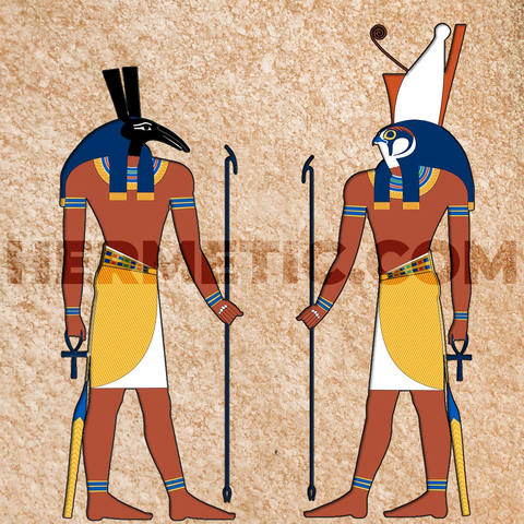 Square image, orange stone background. Images of Set and Horus facing each other.