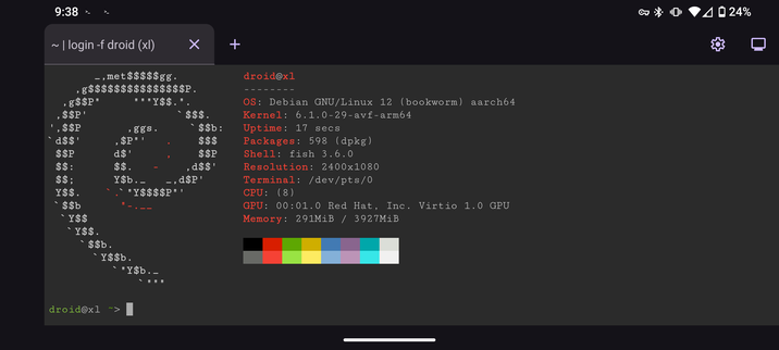 Screenshot of debian linux terminal running on an android phone