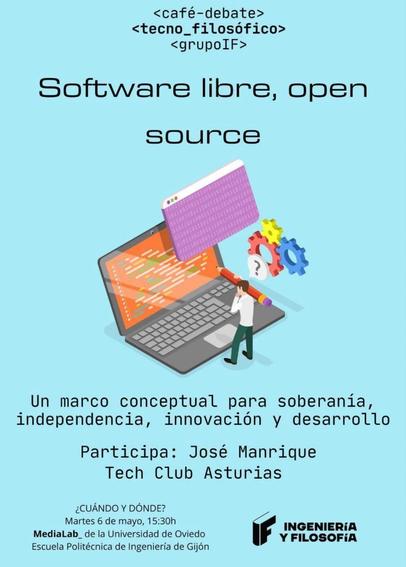 Cartel del próximo Café Tecno-Filosófico en Medialab Universidad de Oviedo sobre Software Libre como un marco conceptual para soberanía, independencia, innovación y desarrollo. El martes 6 de Mayo, a las 15:30 en la Escuela Politécnica de Ingeniería de Gijón 