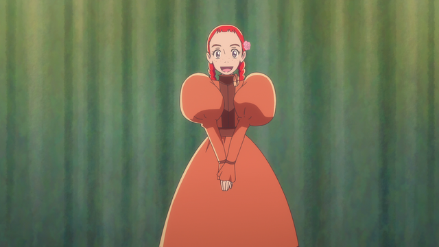 A imagem mostra Anne Shirley, do anime Anne Shirley, em uma pose frontal. Ela está sorrindo, com uma expressão alegre e radiante. Anne tem cabelo ruivo, penteado em duas tranças que caem sobre os ombros. Ela usa um vestido comprido de cor laranja-avermelhado, com mangas bufantes e um detalhe escuro na cintura. O vestido tem um estilo que lembra a moda de épocas passadas. Ela parece ter uma flor pequena e delicada presa no cabelo, próxima à orelha. O fundo é um tom verde-esmeralda, com um efeito de textura que sugere cortinas. A imagem como um todo é suave e colorida, transmitindo a inocência e a alegria da personagem.
