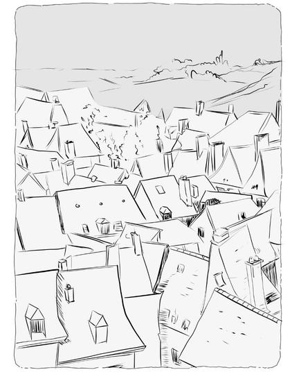 A digital illustration of a crowded little village or town.