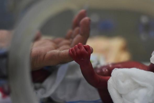 premature baby inside isolette in nicu