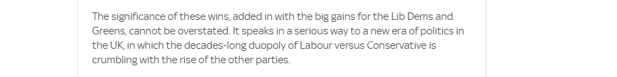 The significance of these wins, added in with the big gains for the Lib Dems and
Greens, cannot be overstated. It speaks in a serious way to anew era of politics in
the UK, in which the decades-long duopoly of Labour versus Conservative is
crumbling with the rise of the other parties.
