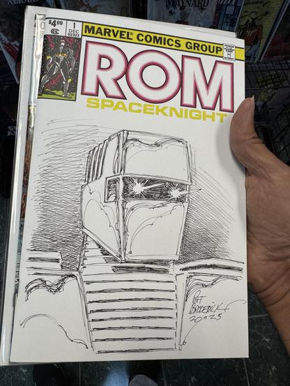 Sketch cover of ROM Spacknight drawn in pen and Micron by artist Pat Broderick