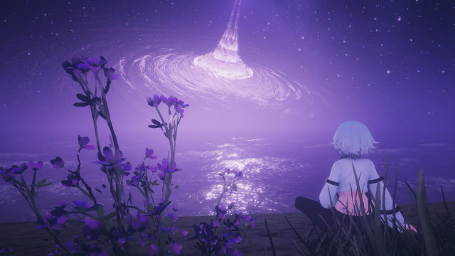 A person with light blue hair and a blue shirt sits on the ground, facing a vast ocean under a starry night sky. In the foreground, clusters of vivid purple flowers add a burst of color, while above, a swirling, luminous vortex in the sky creates a surreal, fantastical atmosphere.