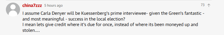china7zzz 5 hours ago EES
I assume Carla Denyer will be Kuessenberg's prime interviewee- given the Green's fantastic -
and most meaningful - success in the local election?

I mean Lets give credit where it's due for once, instead of where its been moneyed up and
stolen...
