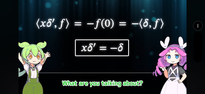 Zundamon and Metan talking about the Dirac delta function and its derivative