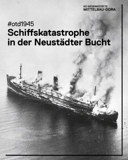 Foto der brennenden "Cap Arcona" nach Beginn des Angriffs, 3.5.1945, Archiv der KZ-Gedenkstätte Neuengamme.