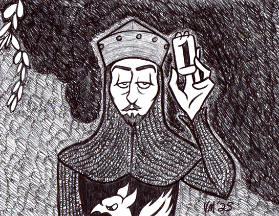 Basil Rathbone in medieval costume holding up a card with "1" written on it.