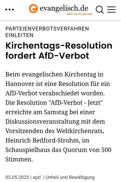 Nachricht vom Evangelischen Kirchentag in Hannover: "Kirchentags-Resolution fordert AfD-Verbot"