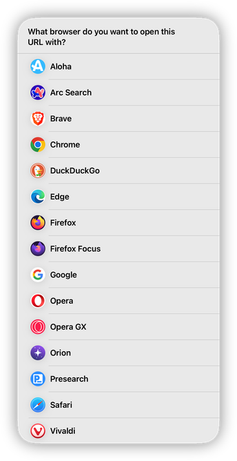 A screenshot of the menu where you can select one of fifteen supported browsers