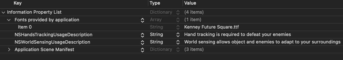 Image showing Info.plist settings used in configuring custom fonts in a visionOS application