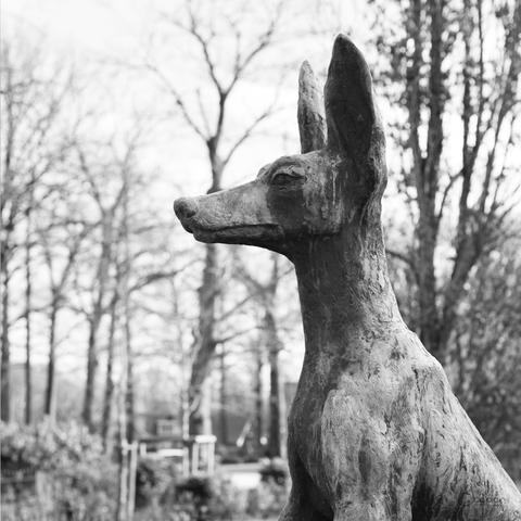 A monochrome photo of a bronzen sculpture called 'de Helhond', made by sculptor Pieter de Monchy