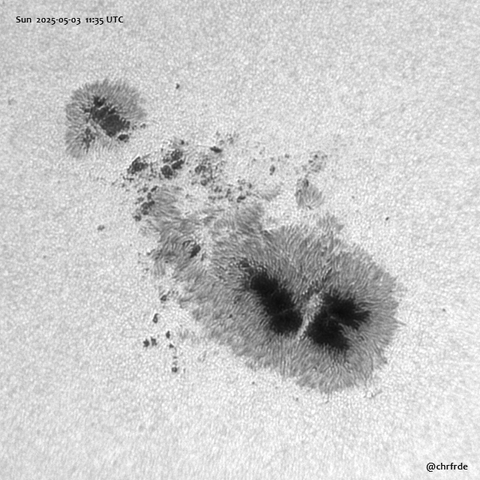 Monochromatic view of light granulated photosphere featuring darker "hairy" sunspots with black featureless cores. Somewhat below and right of center is a very large spot with a split double core. A smaller isolated spot is visible at the top left. In between is an irregular smear of some darker regions with a sprinkling of many tiny black specks.