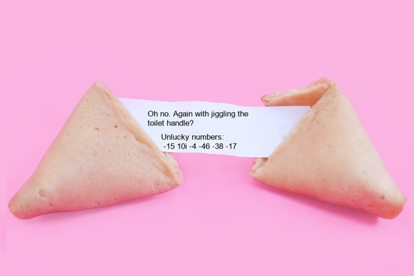 A fortune cookie that reads: Oh no. Again with jiggling the
toilet handle?
 Unlucky numbers:
 -15 10i -4 -46 -38 -17