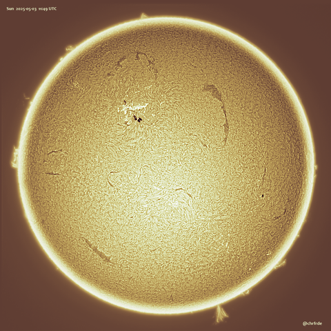 Full disk view of the Sun. The interior show various dark filaments and AR 4079 to the upper left. In contrast to the white light image this shows bright structures in addition to the matching dark sunspot cores. The exterior is processed separately and reveals several prominences.