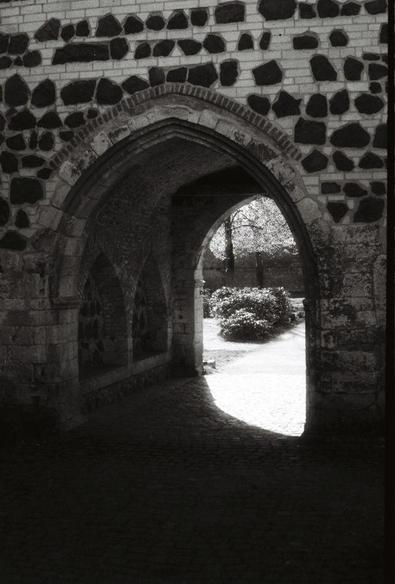 Looking out of a stone castle gate to a sunny park full of trees
