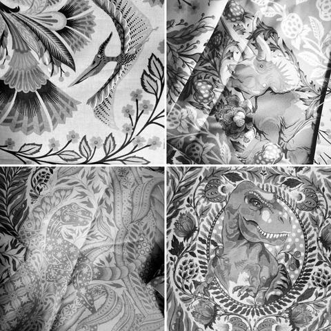 Black and white photo collage of dinosaur fabric by designer Tula Pink.