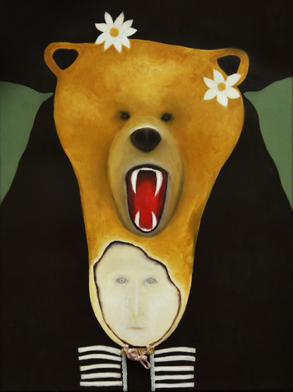 Painting of a woman wearing a huge hat made from the snarling face of a bear.