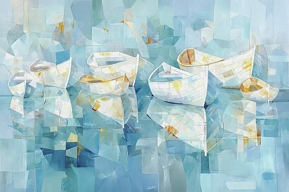 
Abstract geometric boats floating on calm water with soft pastel reflections, minimalist serene digital art in blue and neutral tones. 