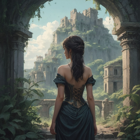 Model: OpenArt SDXL
(dark colors, heavy brushstroke, comic book illustration, belle epoque fantasy anime) a woman in the distance with her back turned, a ancient ruins covered in overgrowth