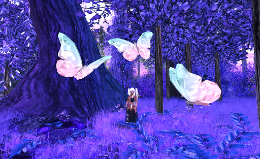 A picture of a wooded scene. All the trees, foliage, and undergrowth are bright to dark blue in tint while the sky, visible in patches between the trees, is purple. A large tree trunk rises up out of the frame on the left side. Just before it stands a comparatively small woman with long white hair wearing a long black skirt. She is surrounded by three flying, crystalline butterflies that appear each to be about a meter across. In colour they vary from blue near their front to white to pink at the rear.