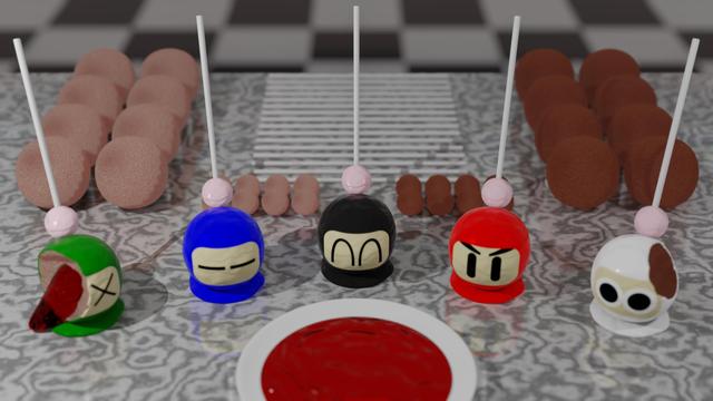 Bomberman cake pops! Green with a large bite taken and jelly flowing out; Blue bored as usual; happy Black; angry Red; shocked / bitten white.