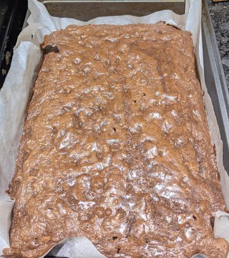 Uncut cooked brownies from the oven