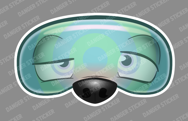 a sticker design by me featuring just a small part of a face wearing a trippy headset with woozy eyes behind it, irises spiraling in a trance. It's horny.